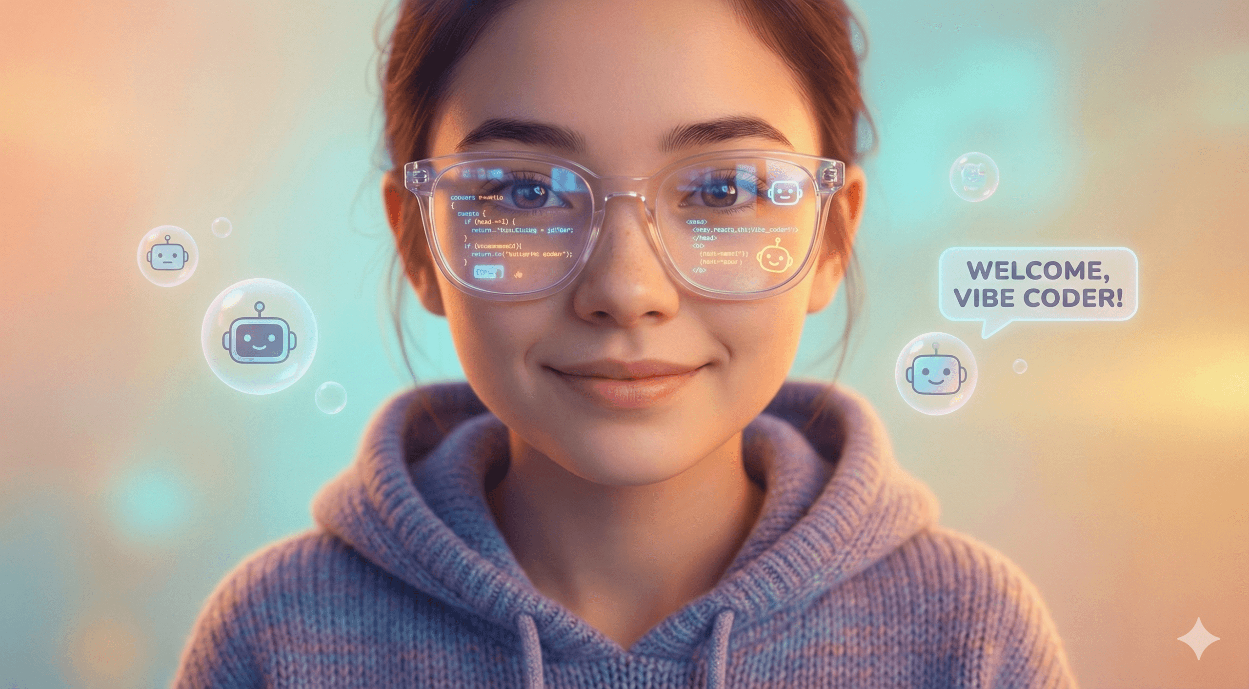 Person with holographic code reflected in glasses against vibrant pink and blue gradient, representing vibe coding