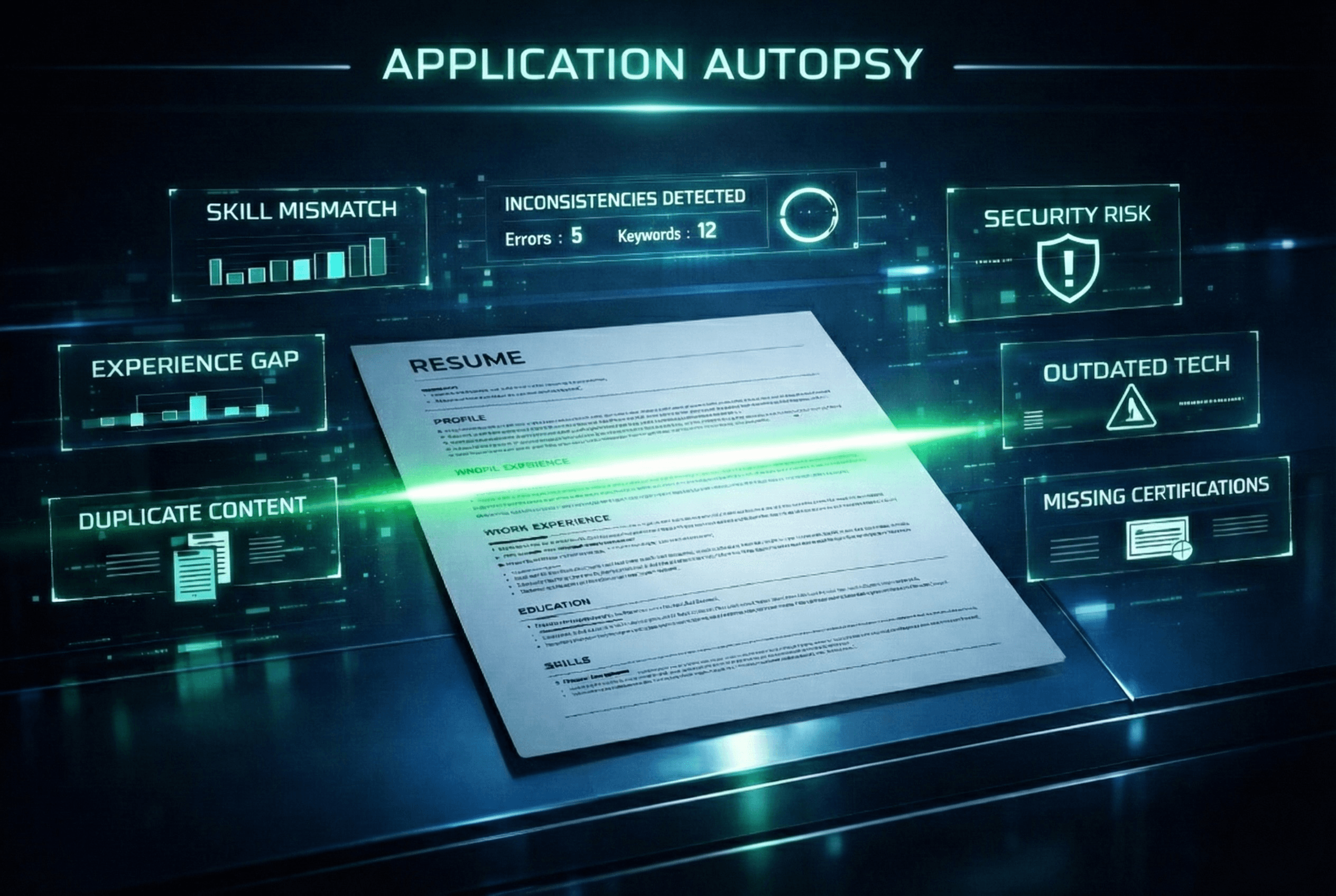 Resume being analyzed with holographic diagnostic overlays showing match score and keyword gaps