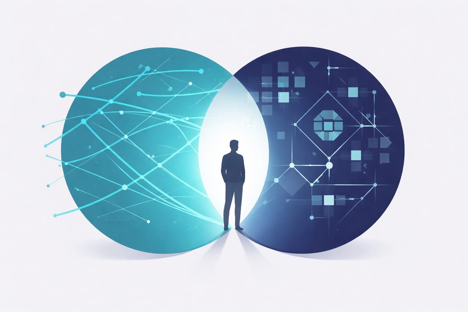 Person standing between overlapping ADHD and autism pattern circles, finding clarity in the intersection, teal and navy