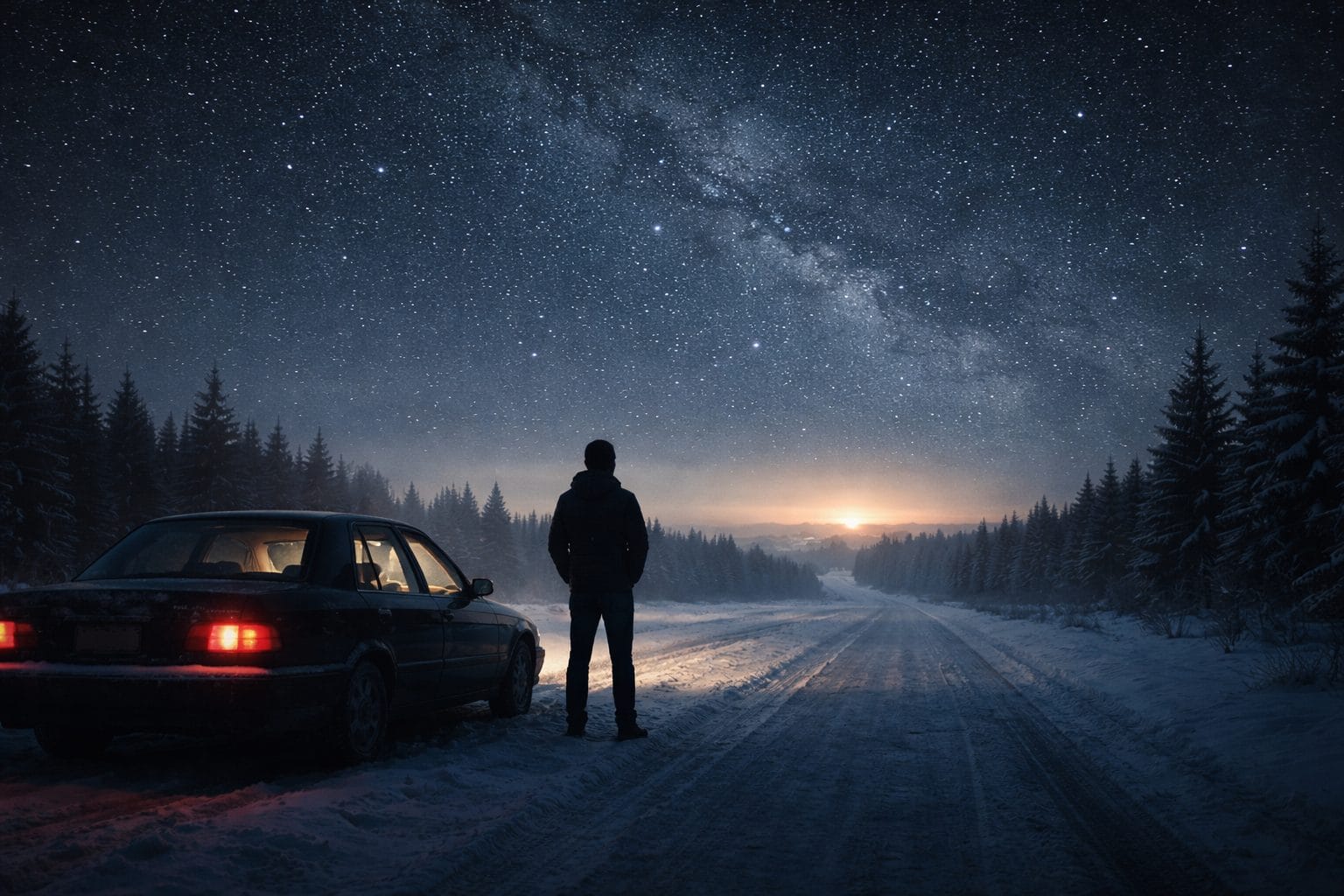 Silhouette of person standing by car on snowy Michigan road under starry winter sky, reflecting on humanity and AI