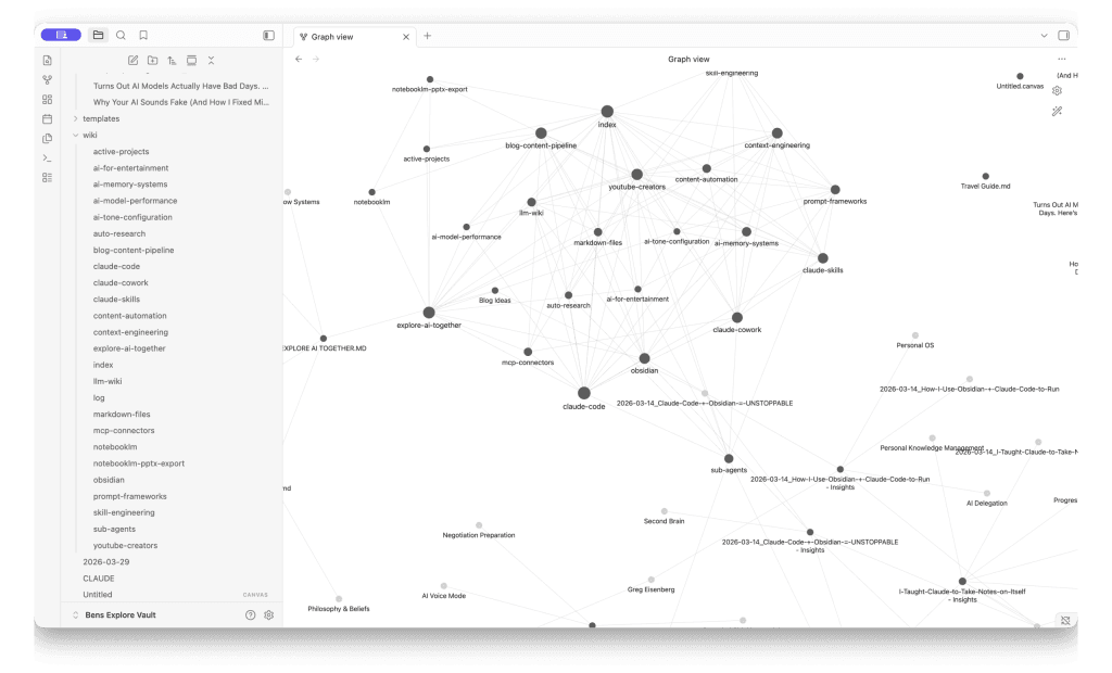Obsidian graph view showing interconnected AI wiki pages built by Claude Code