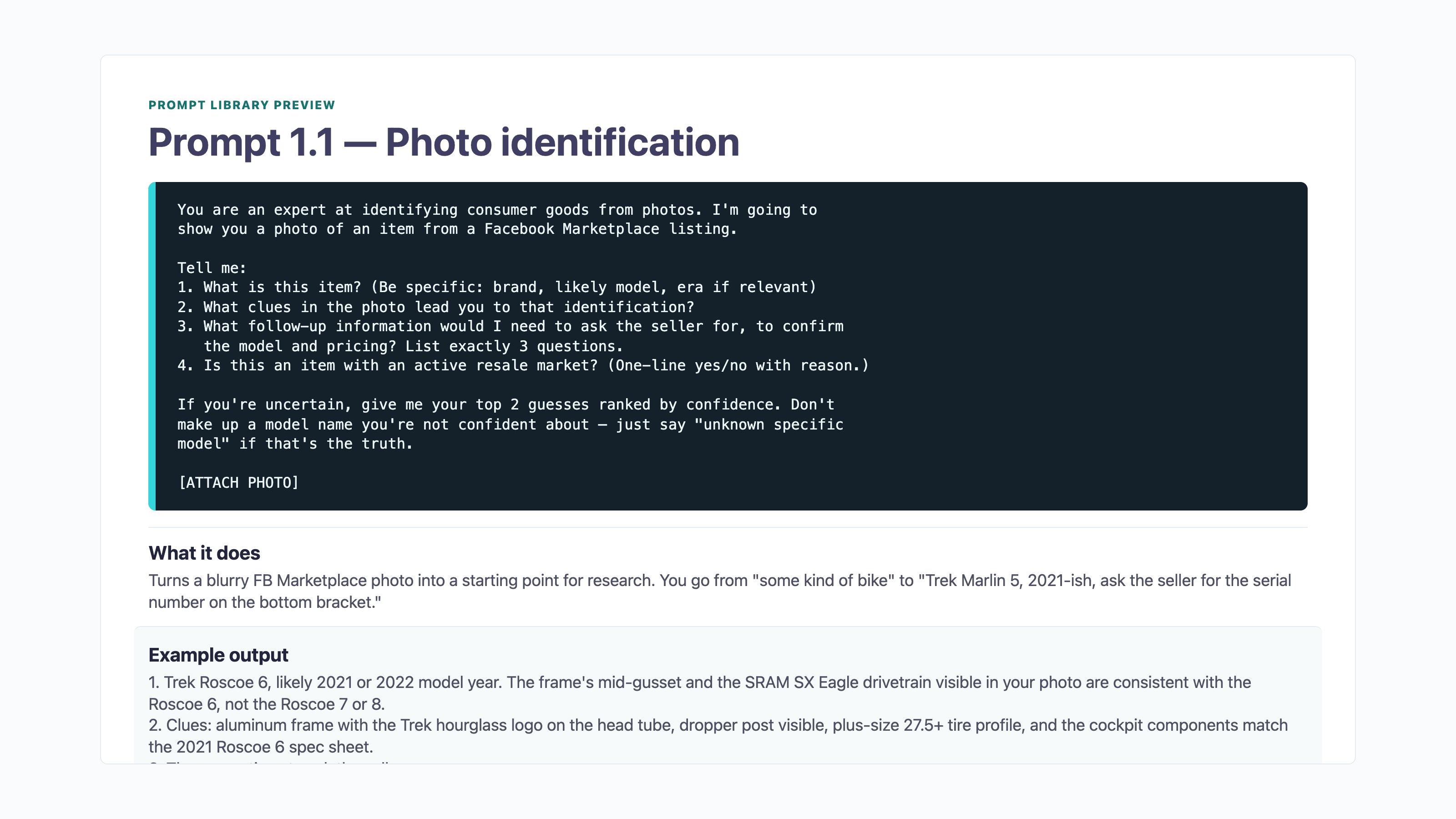 AI prompt library preview with a copy-paste marketplace flipping prompt