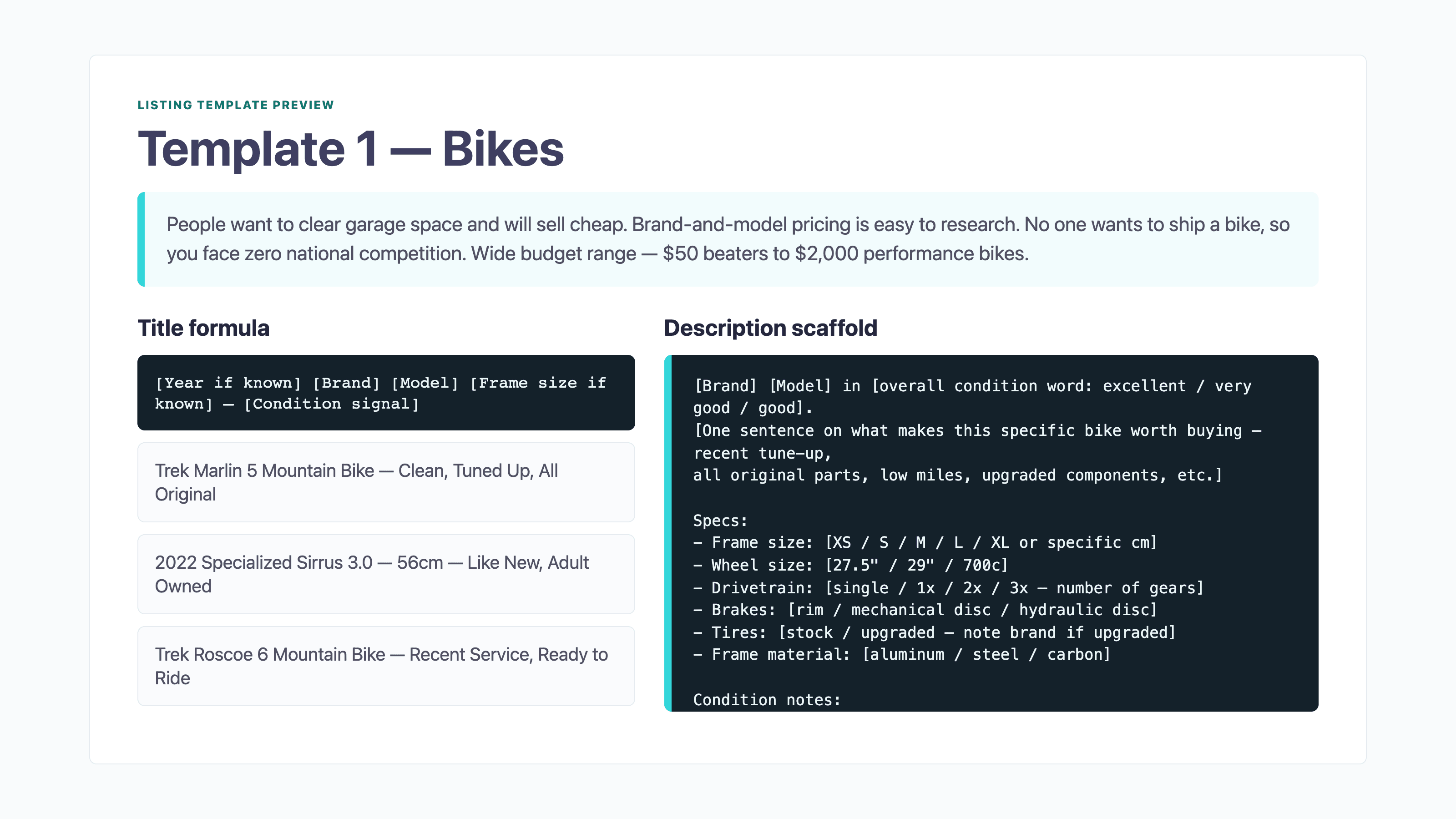 Marketplace listing template preview with title, description, photos, and keywords