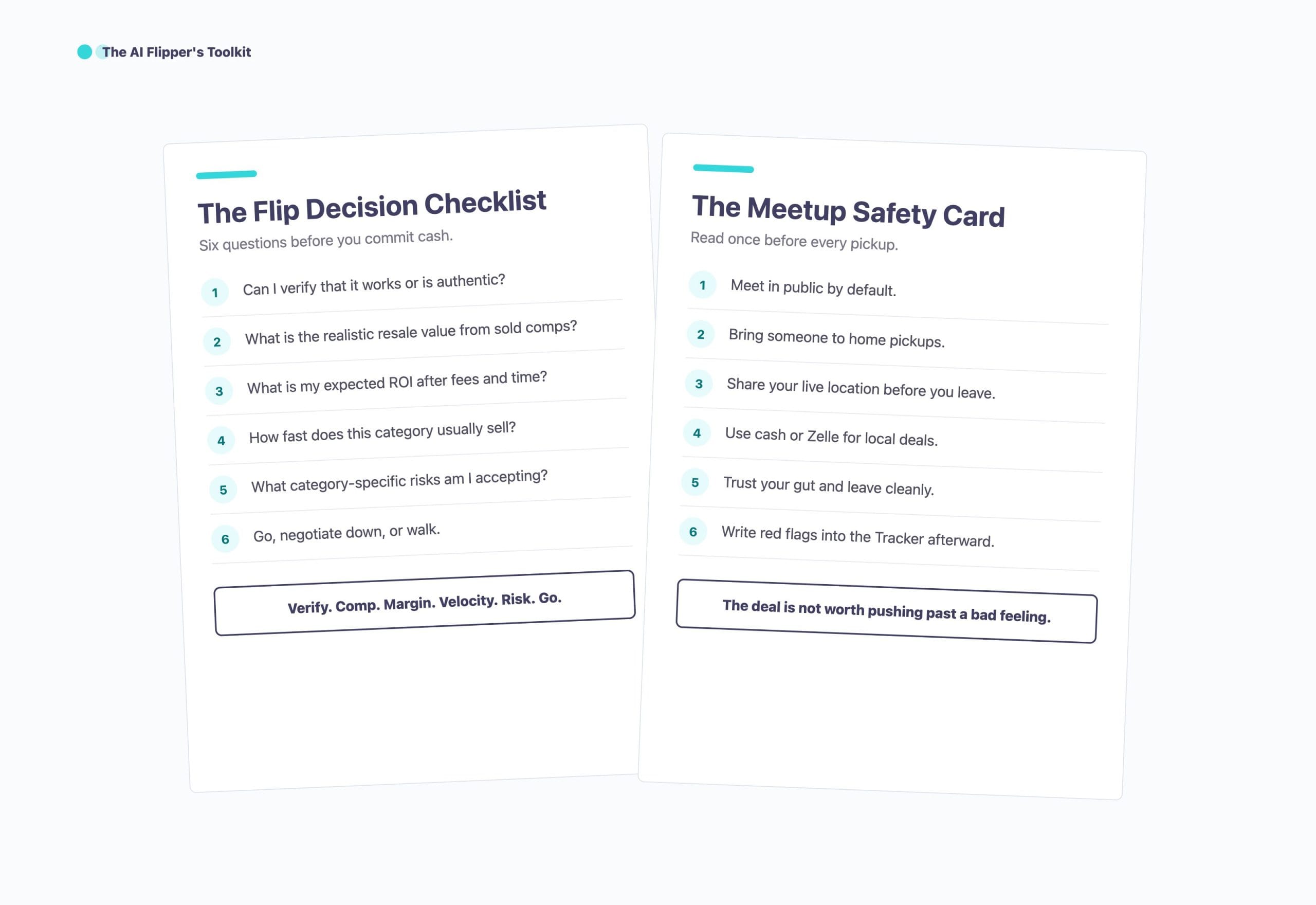 Flip decision checklist and meetup safety card printable previews
