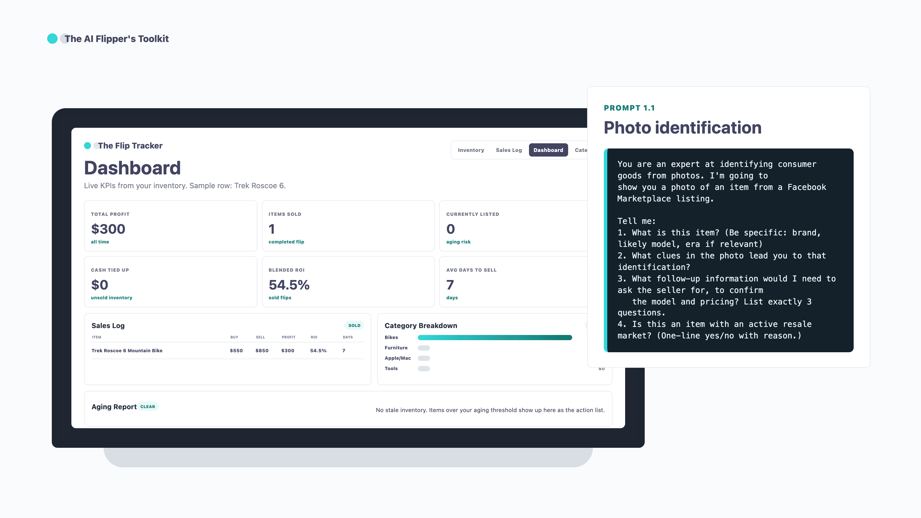 The AI Flipper's Toolkit dashboard and prompt preview mockup