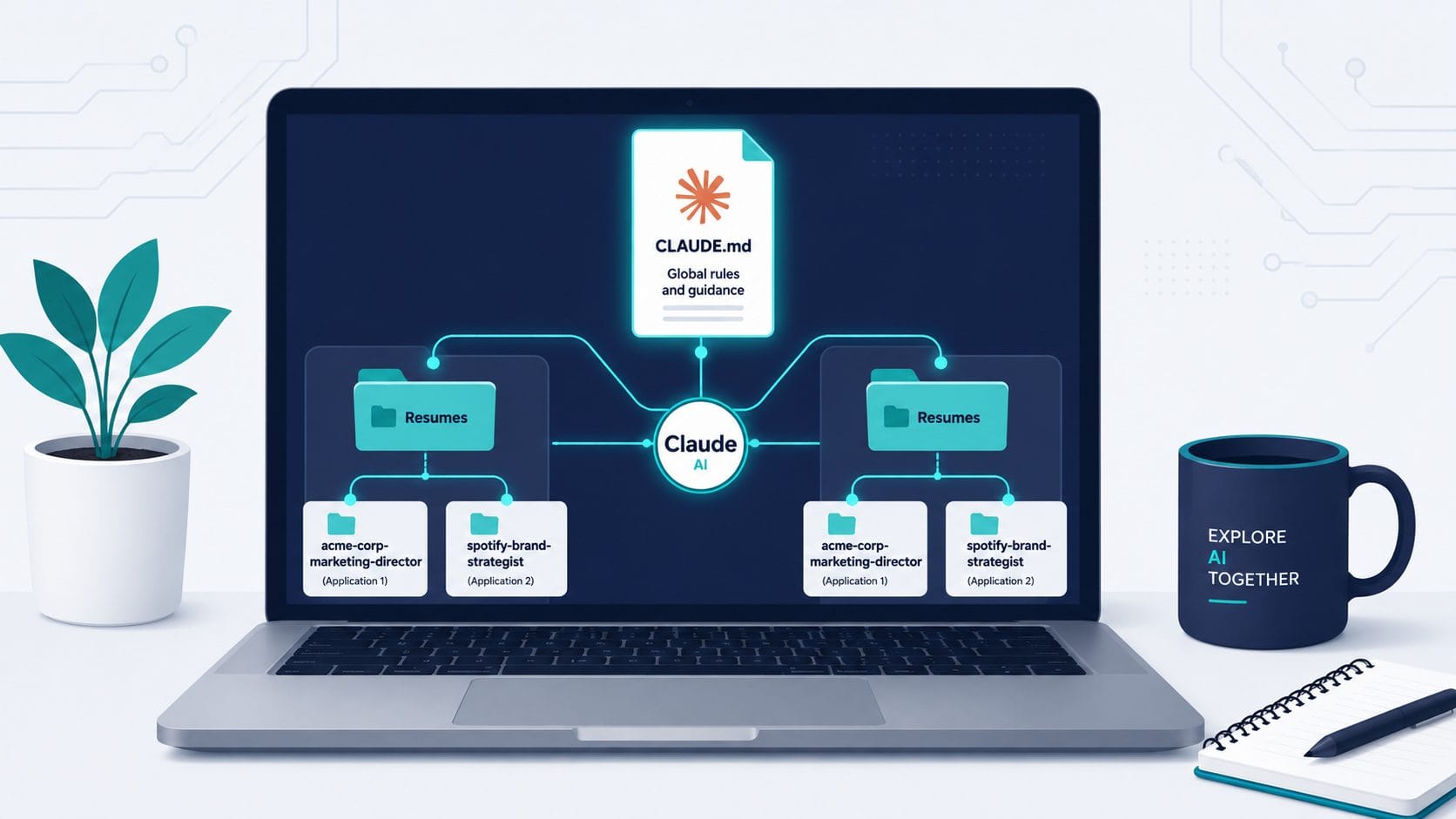 Flat vector of a laptop showing a Resumes folder with CLAUDE.md rules connected by teal lines to job subfolders