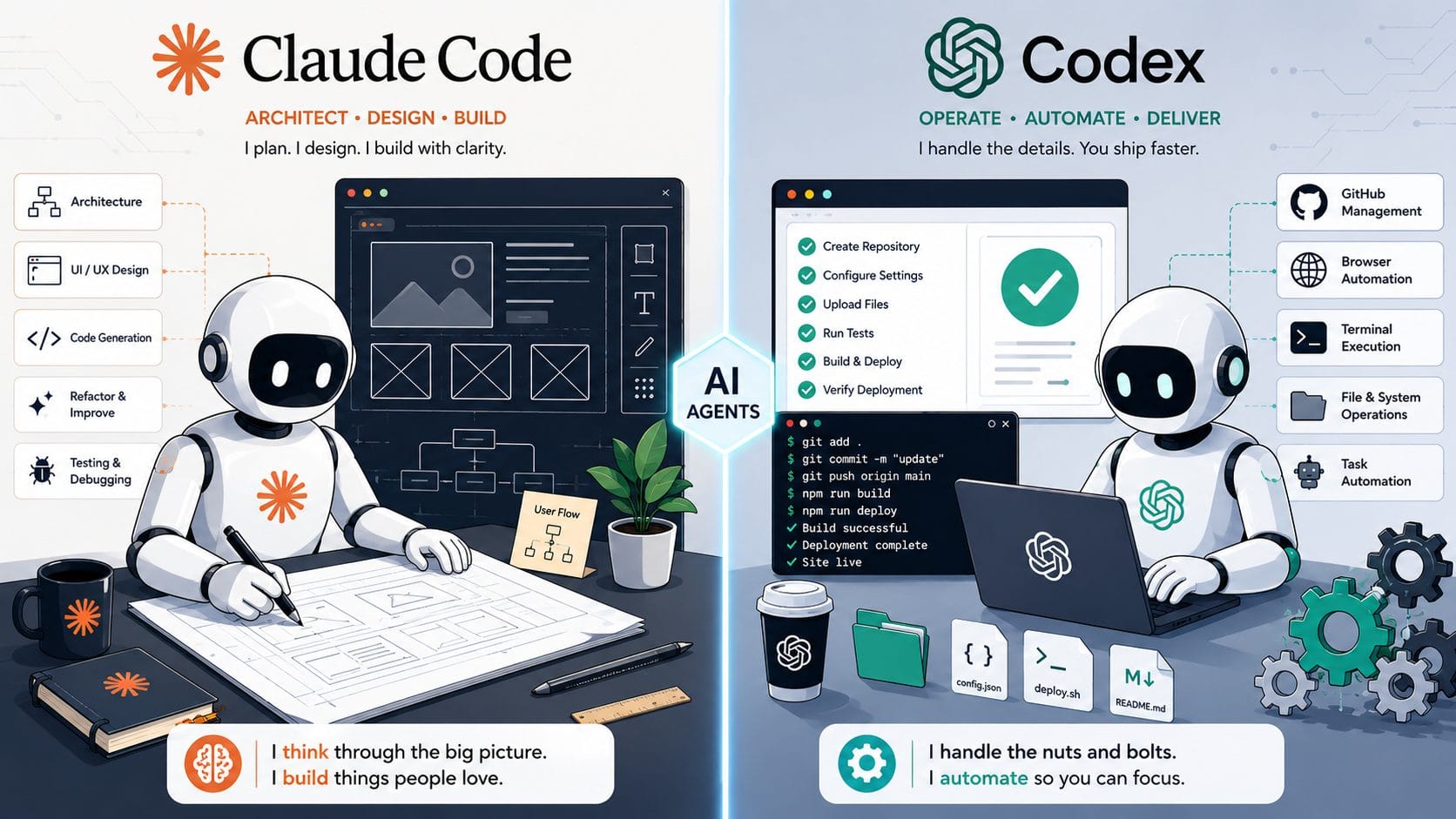 Two AI agents side by side — one designing interfaces, one running operations and browser tasks.