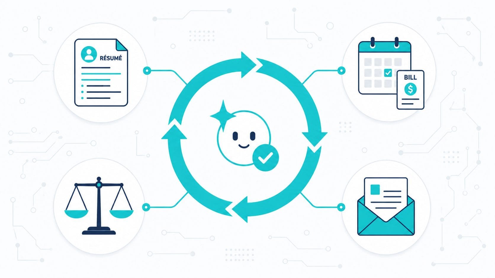 Flat vector illustration of a teal AI loop cycle with a smiling node, ringed by resume, bill, scales, and letter icons.
