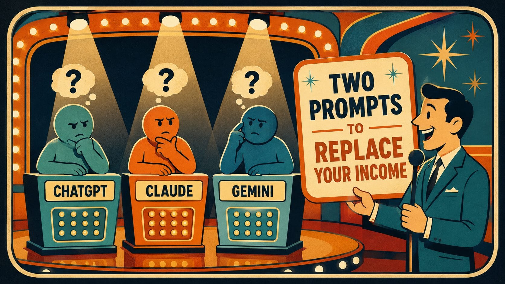 Three AI models side by side with two-prompt income loop diagrams