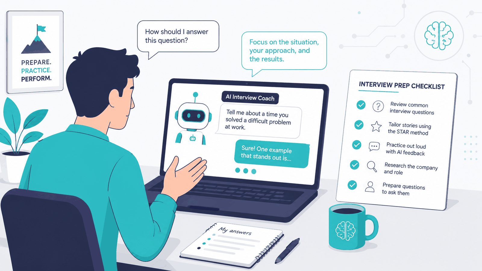 A person at a desk practising interview answers with an AI interview coach on a laptop, beside an interview prep checklist.