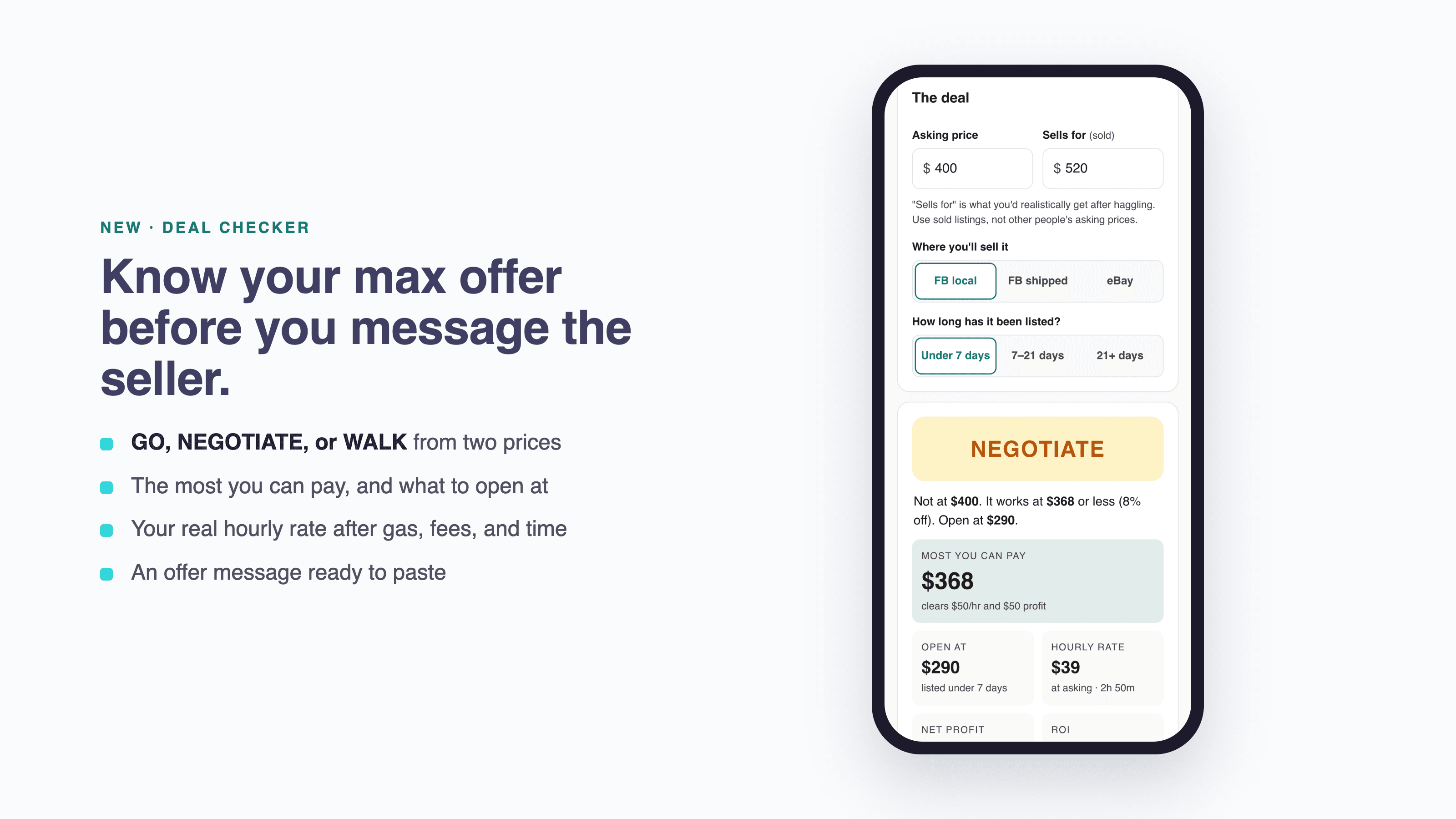 Deal Checker on a phone showing a NEGOTIATE verdict, a $368 max offer, and a $290 opening offer