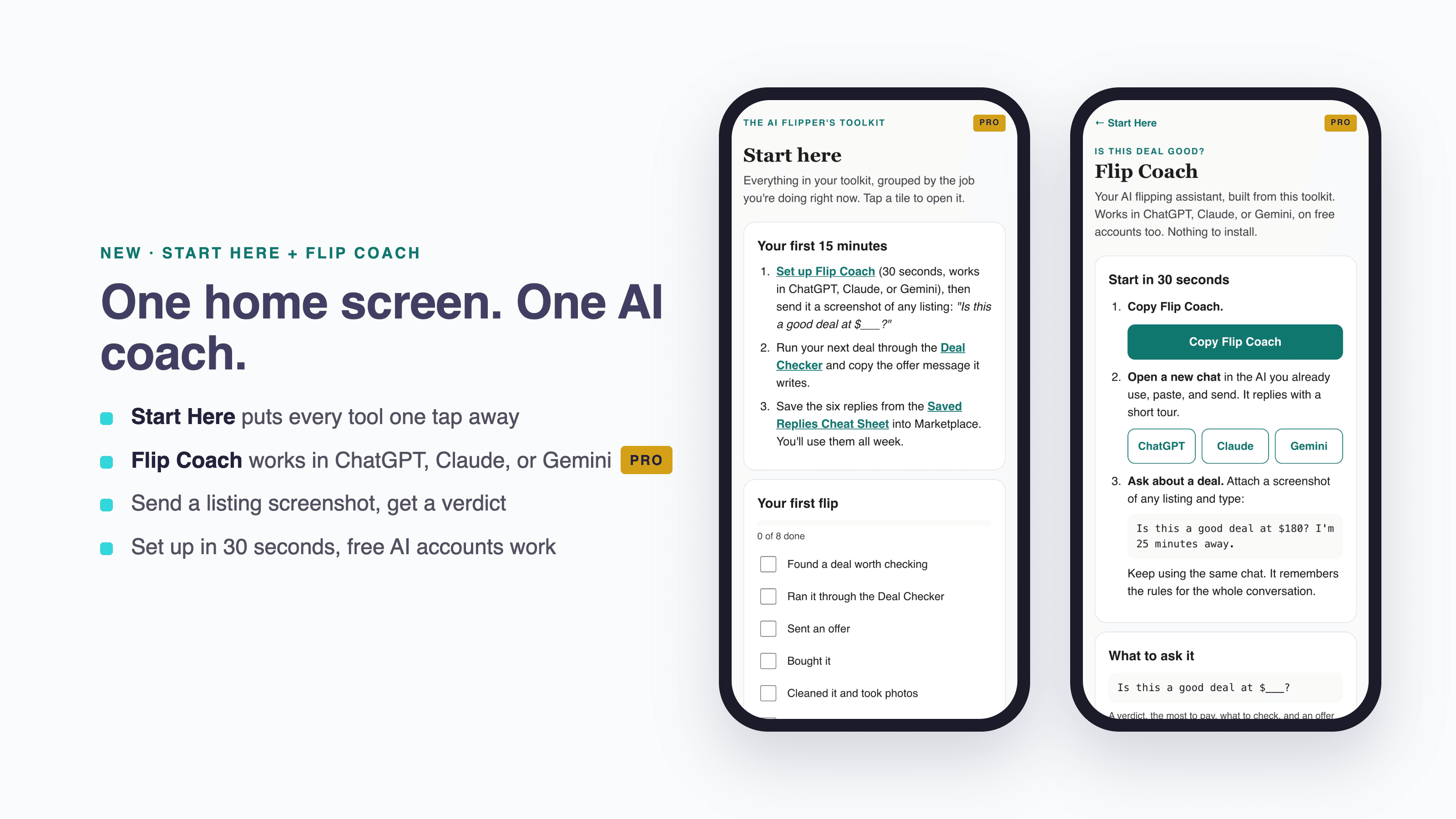 The Start Here page and the Flip Coach setup page on two phones