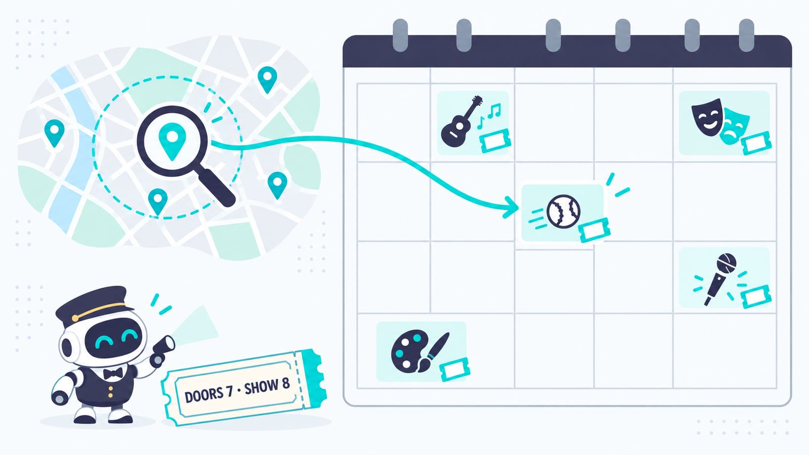 Map with a search radius sending event cards into a calendar; a robot usher holds a DOORS 7 · SHOW 8 ticket stub.