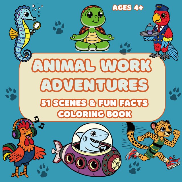 Cover of Animal Work Adventures, a coloring book for ages 4 and up
