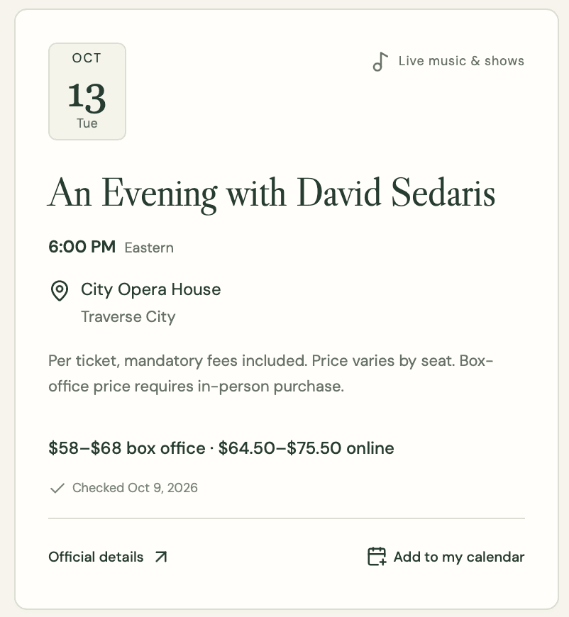 Event card: An Evening with David Sedaris, Oct 13, 6:00 PM, City Opera House, $58–$68 box office, checked Oct 9, 2026.