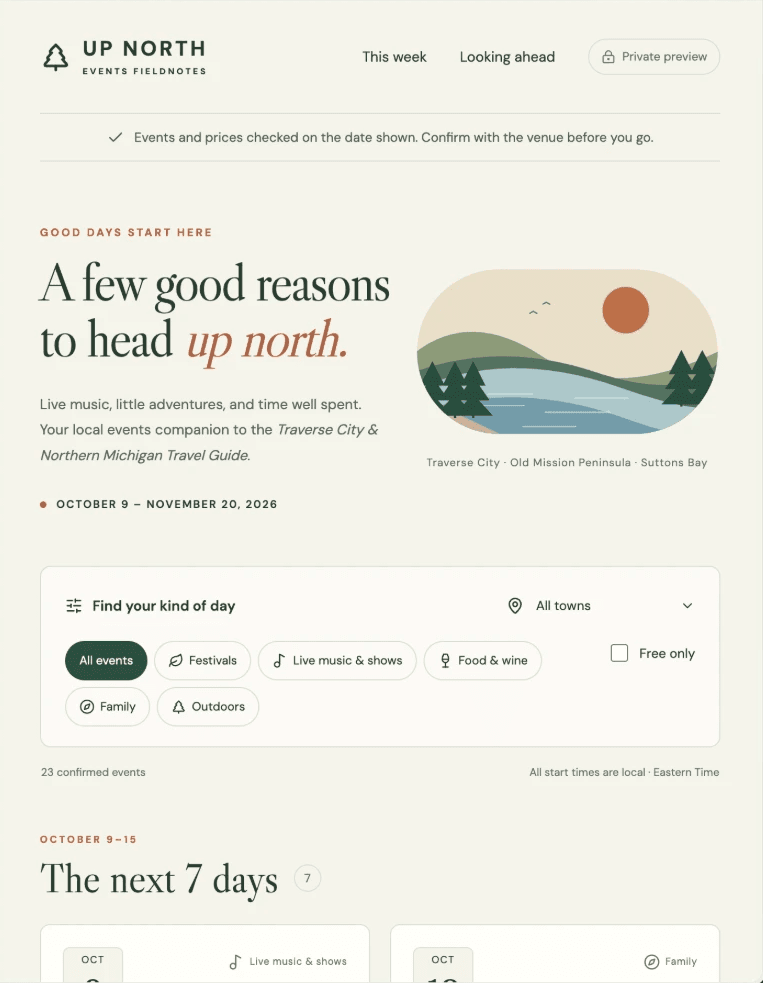 A ChatGPT Sites events page, Up North Events Fieldnotes, with category and town filters and 23 confirmed events.