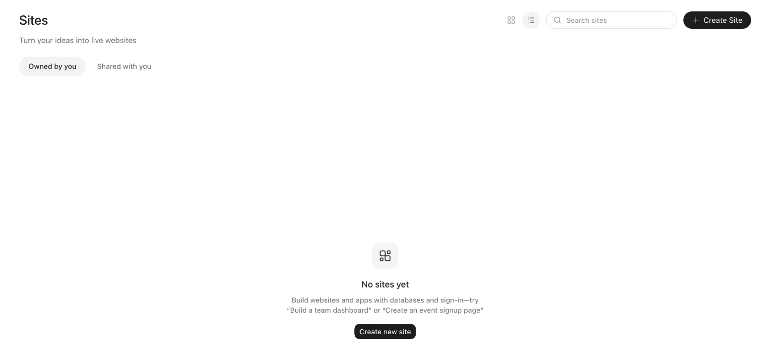 The empty ChatGPT Sites page with Owned by you and Shared with you tabs, a search box and a Create Site button.
