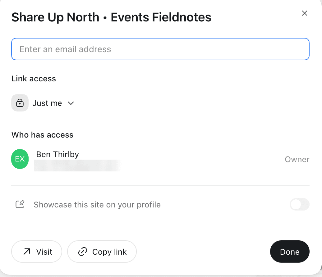 ChatGPT Sites Share dialog: an email box, Link access set to Just me, the owner listed, and a profile showcase toggle off.