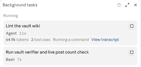 Claude Code Background tasks panel: a running subagent, Lint the vault wiki, at 64.9k tokens, plus a Bash command.